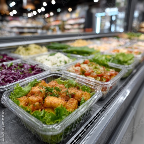 Fresh ready-to-eat salads and vegetables in supermarket display