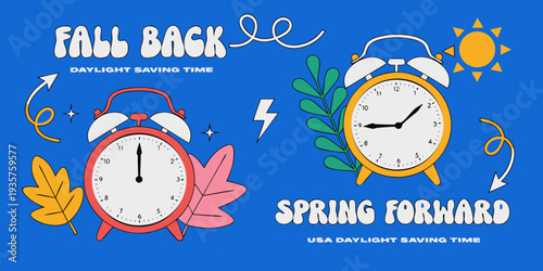 Daylight saving time. Summer fall back and spring forward alarm clocks set. Colorful vector illustration. icon
