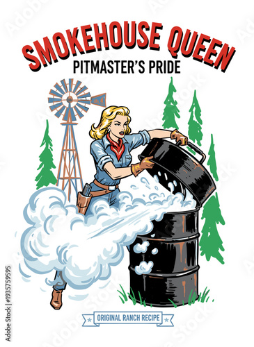 Retro pin-up woman pitmaster with smoking BBQ barrel, Western vintage graphic vector illustration for t-shirt design and food branding.
