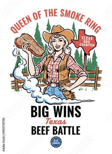 Retro pop art cowgirl holding a smoked brisket, Texas BBQ champion vector illustration for t-shirt design.