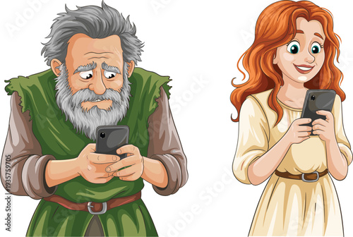Cartoon elderly man and young woman using smartphone, generational technology concept, old and modern characters holding mobile phone illustration