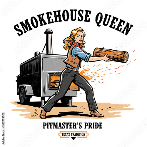 Smokehouse Queen pitmaster woman feeding wood to smoker, vintage Western Texas BBQ graphic for apparel design.