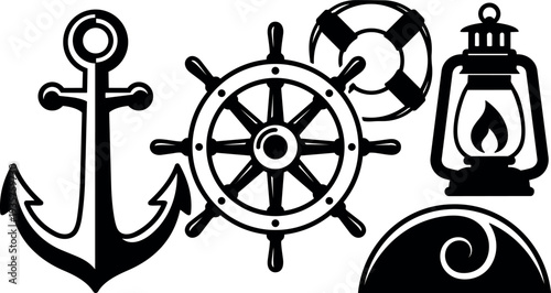 Flat design nautical icon set close up anchor ship wheel lifebuoy lantern wave bold silhouette isolated on white background vector