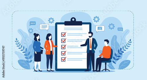 Cad drawing flat vector illustration of business people reviewing a giant checklist for project management tasks and quality control goals