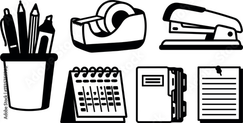 Flat design desktop office supplies icon set close up pencil cup tape dispenser stapler calendar binder pinned papers black silhouette
