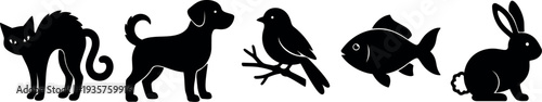 Flat design side view animal silhouette icons row cat dog bird fish and rabbit isolated on white background simple black