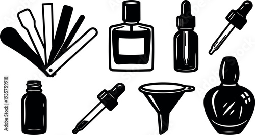 Flat vector icon set of cosmetic droppers bottles funnels and nail files arranged in neat layout with bold ink style