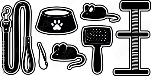 Flat design top view cat accessories set including leash food bowl toy mouse grooming brush scratching post bold black outline