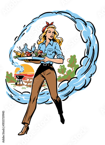 Retro pop art woman serving barbecue food tray, summer picnic party vector illustration.