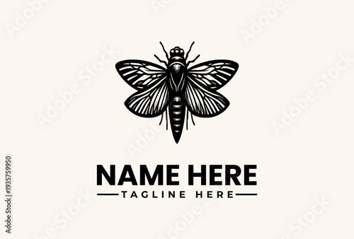 A black and white illustration of a stylized insect logo with a placeholder name and tagline on a light beige background, featuring a vector graphic design with iconic elements.