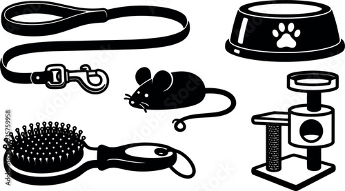 Flat design vector pet accessory set showing leash brush food bowl toy mouse and cat tree in simple silhouette