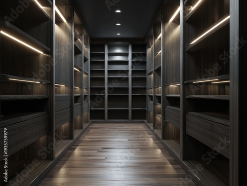 Modern walk-in closet with dark wood finish. Recessed lighting illuminates shelves and floors evenly. Clean, minimalist design suits luxury interiors
