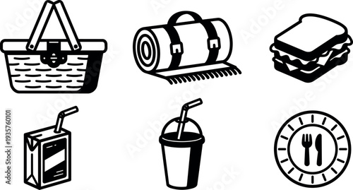Flat icon picnic set top view woven basket rolled blanket sandwich juice box straw cup plate fork knife monochrome vector