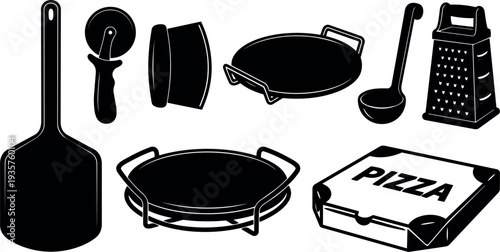 Flat design black pizza tools set with peel cutter pan box ladle and grater close up top angle silhouette vector