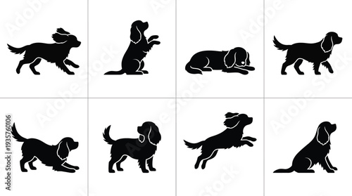 Collection of black silhouette dog poses showcasing various actions and expressions in a clean design format