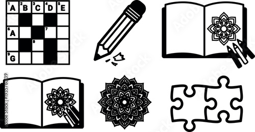 Flat design line art top view puzzle pieces mandala coloring book pencil and crossword grid in black and white