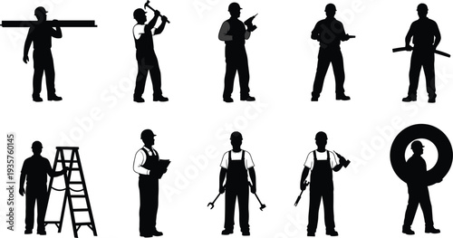 Construction worker silhouettes set with tools, ladder, pipe and equipment, professional builders and technicians isolated vector collection for industry and labor concept