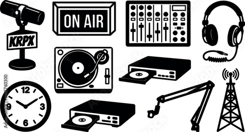 Flat design radio studio icons microphone on air sign turntable mixer headphones clock cd player boom arm tower vector art