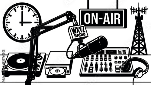 Vector radio studio close up microphone on air sign mixing console turntable vinyl player cd drive headphones clock tower broadcast