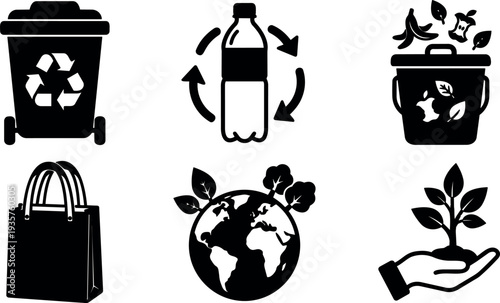 Flat design eco icons set close up recycling bin bottle compost bag earth sprout hand representing sustainable waste management concept