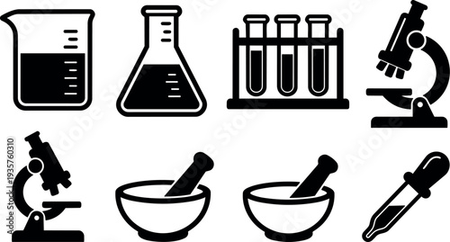 Flat design laboratory icon set beaker flask test tubes microscope mortar and pestle pipette black silhouette on white minimal isolated