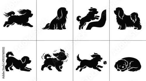 Collection of playful black silhouette dog illustrations showcasing various poses and activities