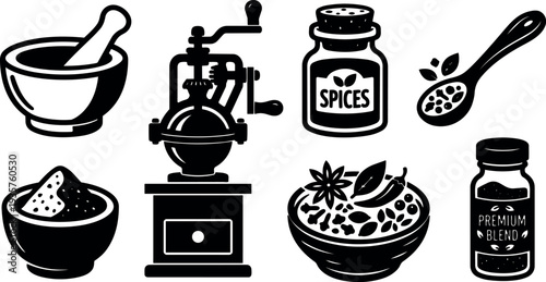 Flat design vintage spice icons set showing mortar and pestle pepper grinder bowls jars spoon close up simple black silhouette