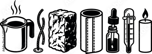 Line art close up row of candle making tools pouring heated wax jug wick tab sponge dropper oil thermometer candle