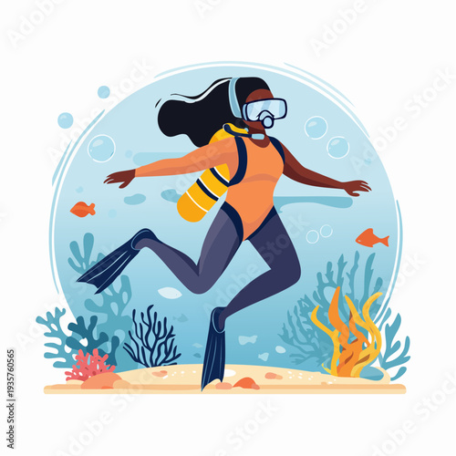 Scuba diving adventure in the vibrant ocean coral reef with a female diver