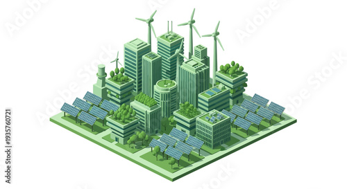 Isometric illustration of a green eco city with urban buildings, renewable technology, and wind turbines on a map, showcasing sustainable innovation and architecture in a 3D design concept