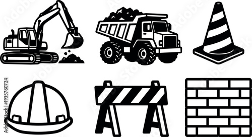 Flat line art vector icon set construction vehicles and safety gear excavator dump truck cone helmet barrier brick wall illustration