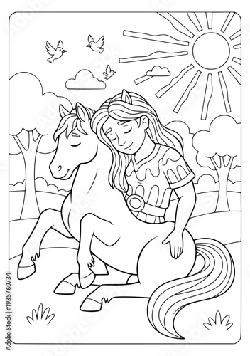  Centaur coloring page with a girl hugging her mythical friend in a sunny field