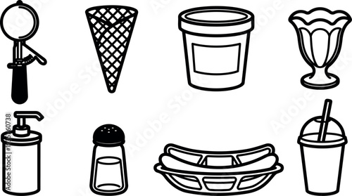 Line art outline icon set food utensils and desserts ice cream cone scoop tub sundae cup sauce salt shaker basket