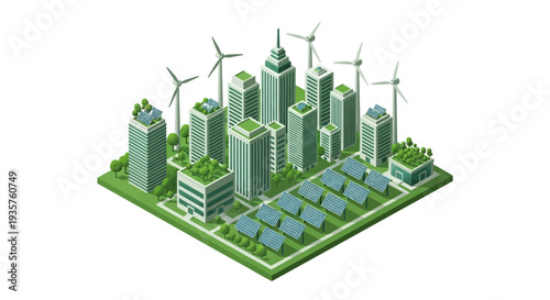 Isometric illustration of a green eco city with wind turbines, solar panels, and buildings on a green map, representing renewable technology and urban innovation
