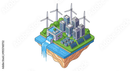 Isometric illustration of a green tech cityscape with renewable energy sources and eco-friendly architecture on a floating island