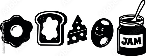 Flat design close up breakfast icon set toast with jam cheese smiling egg jar with spoon on white minimal background