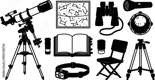 Flat design telescope and astronomy gear silhouettes arranged with tripod binoculars charts book chair flashlight headlamp for stargazing accessories vector