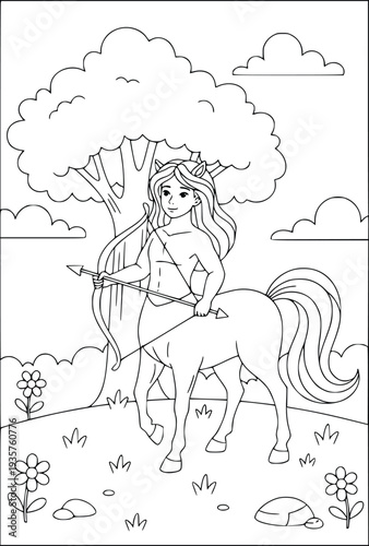 Centaur coloring page with a young archer holding a bow in a sunny forest field