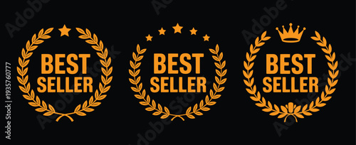 Golden Best Seller Badge Set with Laurel Wreath, Stars, and Crown Vector