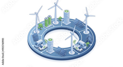 Isometric illustration of a green tech city with wind turbines, buildings, and factories, showcasing eco-friendly urban planning and renewable technology in a 3D design