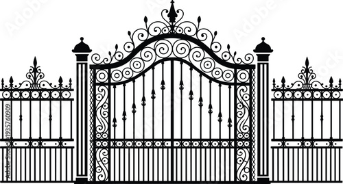 Classic wrought iron gate with ornate scrollwork decorative fence entrance elegant vintage architectural metal gate design vector illustration isolated