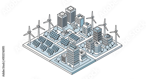 Isometric illustration of a green tech cityscape with renewable energy sources, including wind turbines and solar panels, showcasing eco-friendly urban architecture and innovation in a 3D