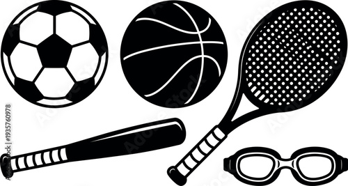 Flat design close up sports equipment set soccer ball basketball tennis racket baseball bat swimming goggles top view minimal vector