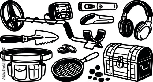 Vector line art close up metal detector kit with treasure chest coins headphones digging trowel pan belt pouch low angle
