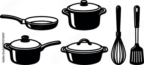 Flat vector kitchen utensils set frying pan saucepans casserole pot whisk spatula side view black silhouette studio isolated line art minimal