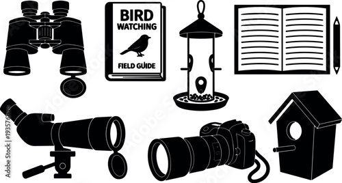Minimalist vector birdwatching equipment set binoculars spotting scope dslr camera bird feeder birdhouse field guide open notebook close up side