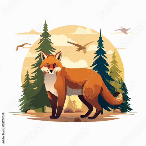 A captivating red fox stands gracefully amidst a sun-drenched forest of towering pine trees and soaring birds