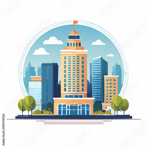 Modern Cityscape Illustration with Tall Buildings and Green Spaces