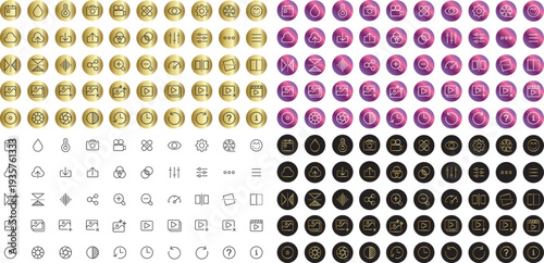 Set of colorful round vector icons and buttons for web design with business, internet, and computer symbols in a seamless pattern style, video and photo edit icon