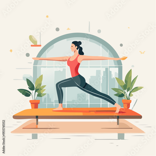 Woman practicing warrior pose yoga indoors on a mat with plants and city view